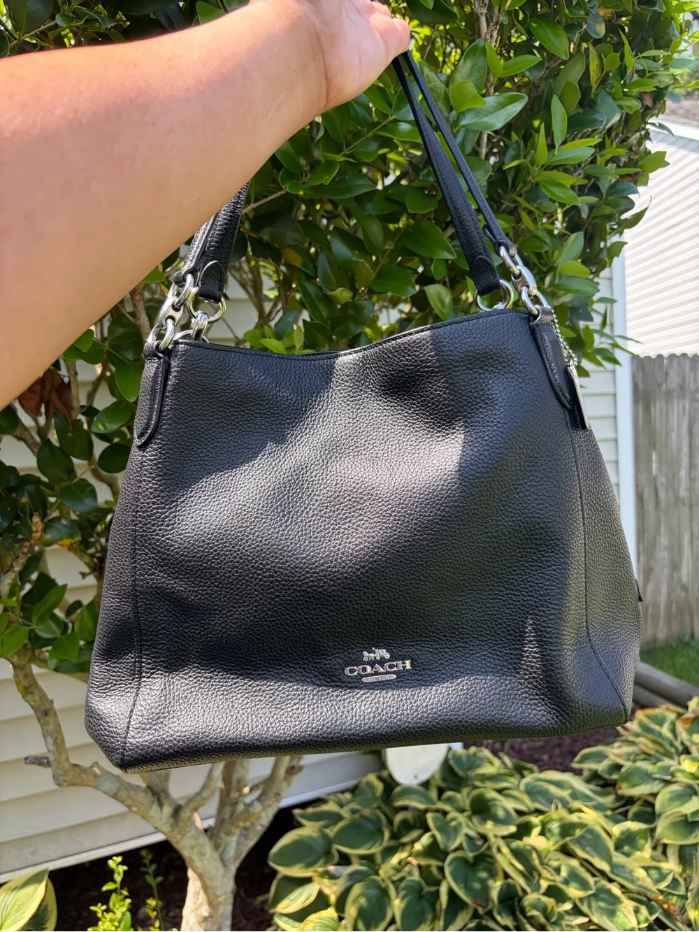 COACH HALLIE Black/Gold GENUINE Pebbled Leather Purse F80268